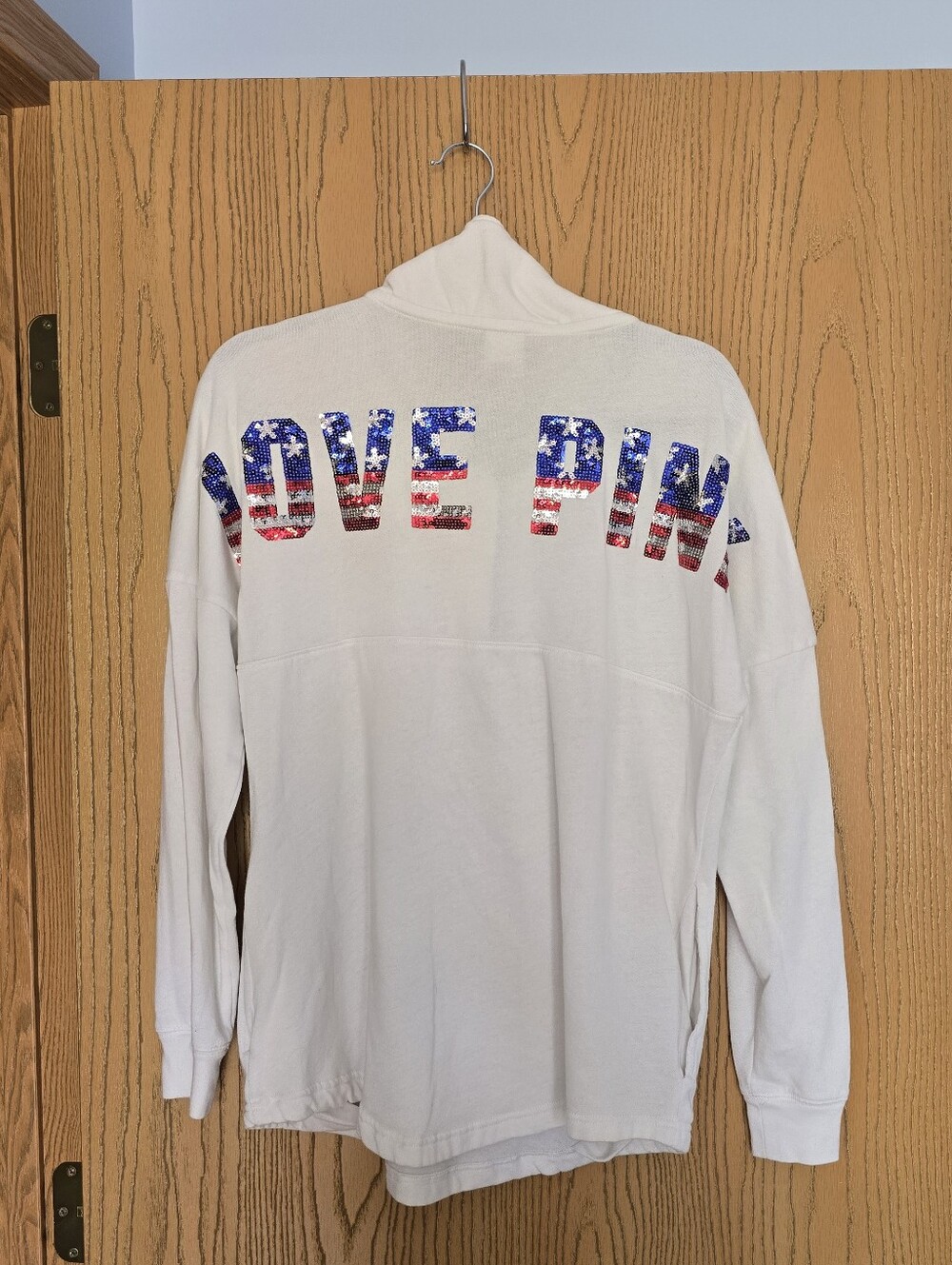 PINK Victoria's Secret White Hoodie with American Flag 'LOVE PINK' Sequin Logo